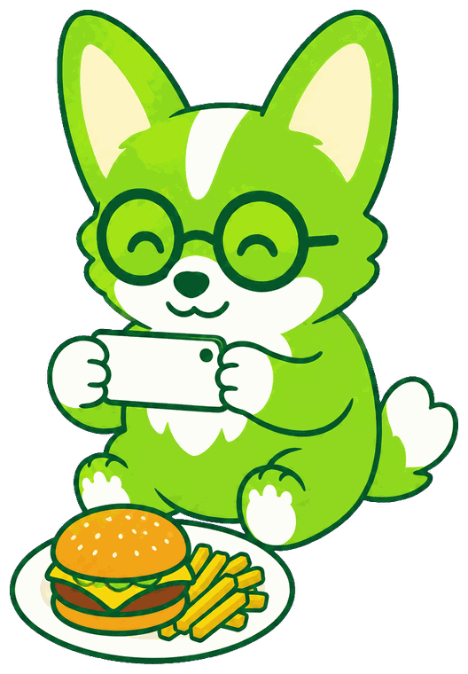 Kairi the corgi scanning a burger and fries with a phone