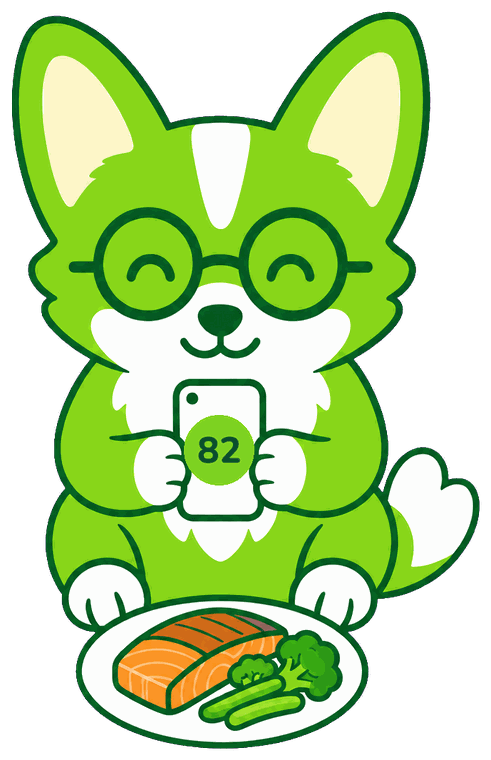 Kairi the corgi scanning a plate of salmon and vegetables, showing a score of 82
