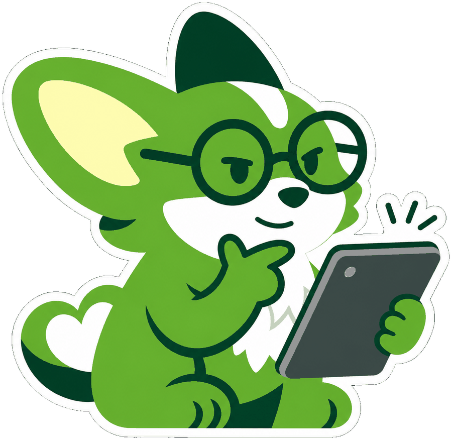 Kairi mascot looking closely at a tablet screen, comparing information