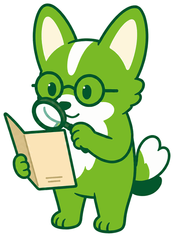 Corgien Kairi, der læser et menukort gennem et forstørrelsesglas