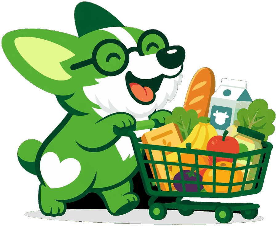 Kairi mascot happily pushing a shopping cart full of groceries