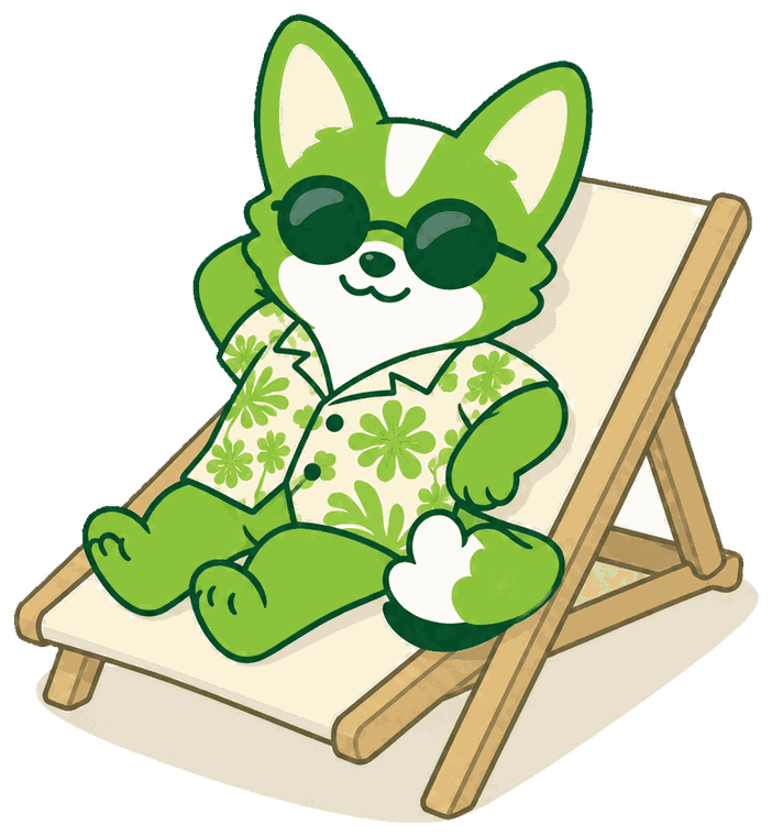 Corgien Kairi, der slapper af i en liggestol med solbriller og hawaiiskjorte