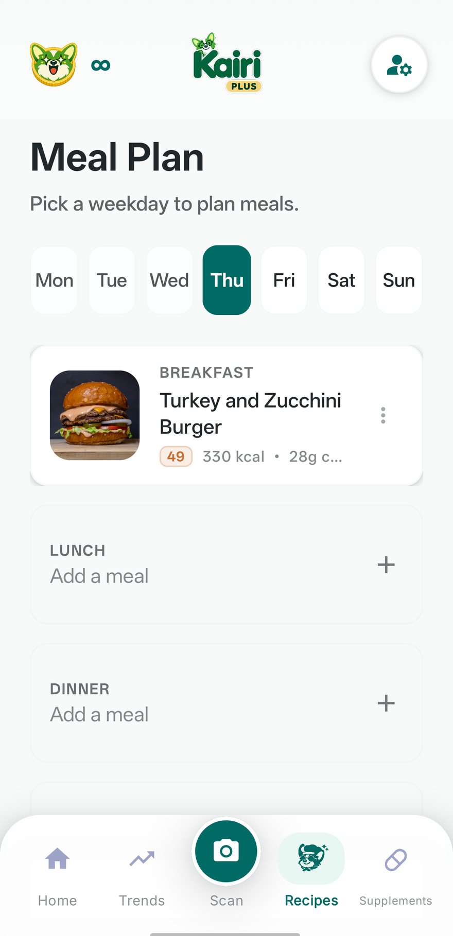 The Kairi meal plan screen with a weekday selector and a breakfast slot filled in