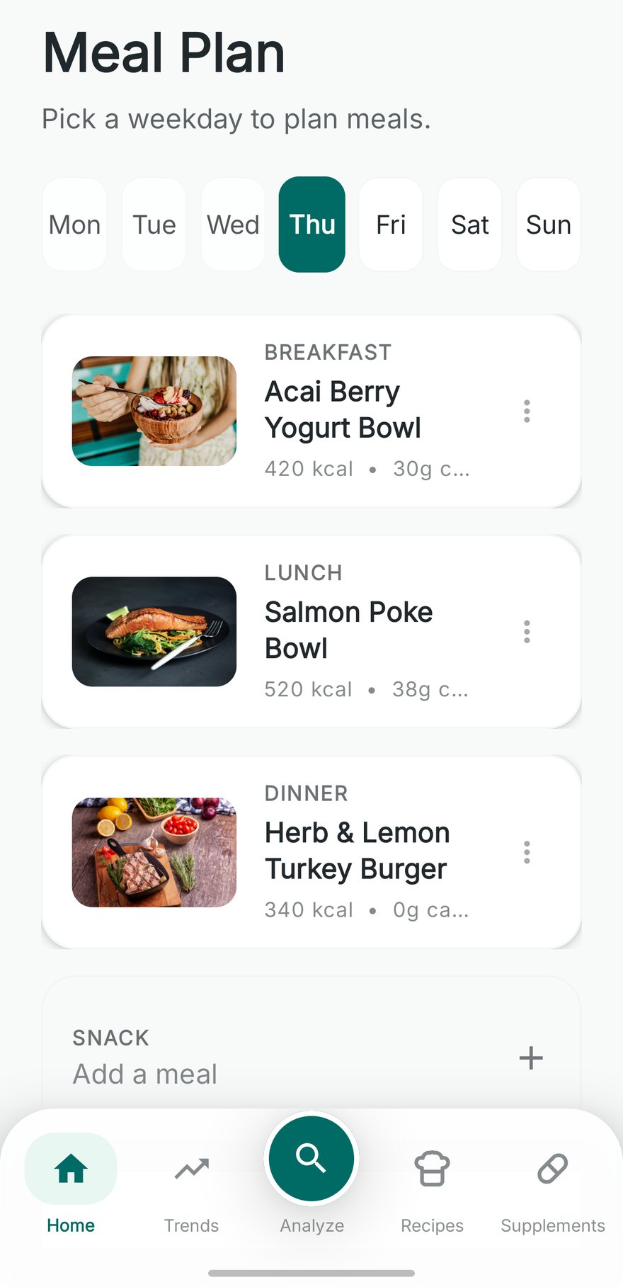 The Kairi meal plan screen with a weekday selector and a breakfast slot filled in