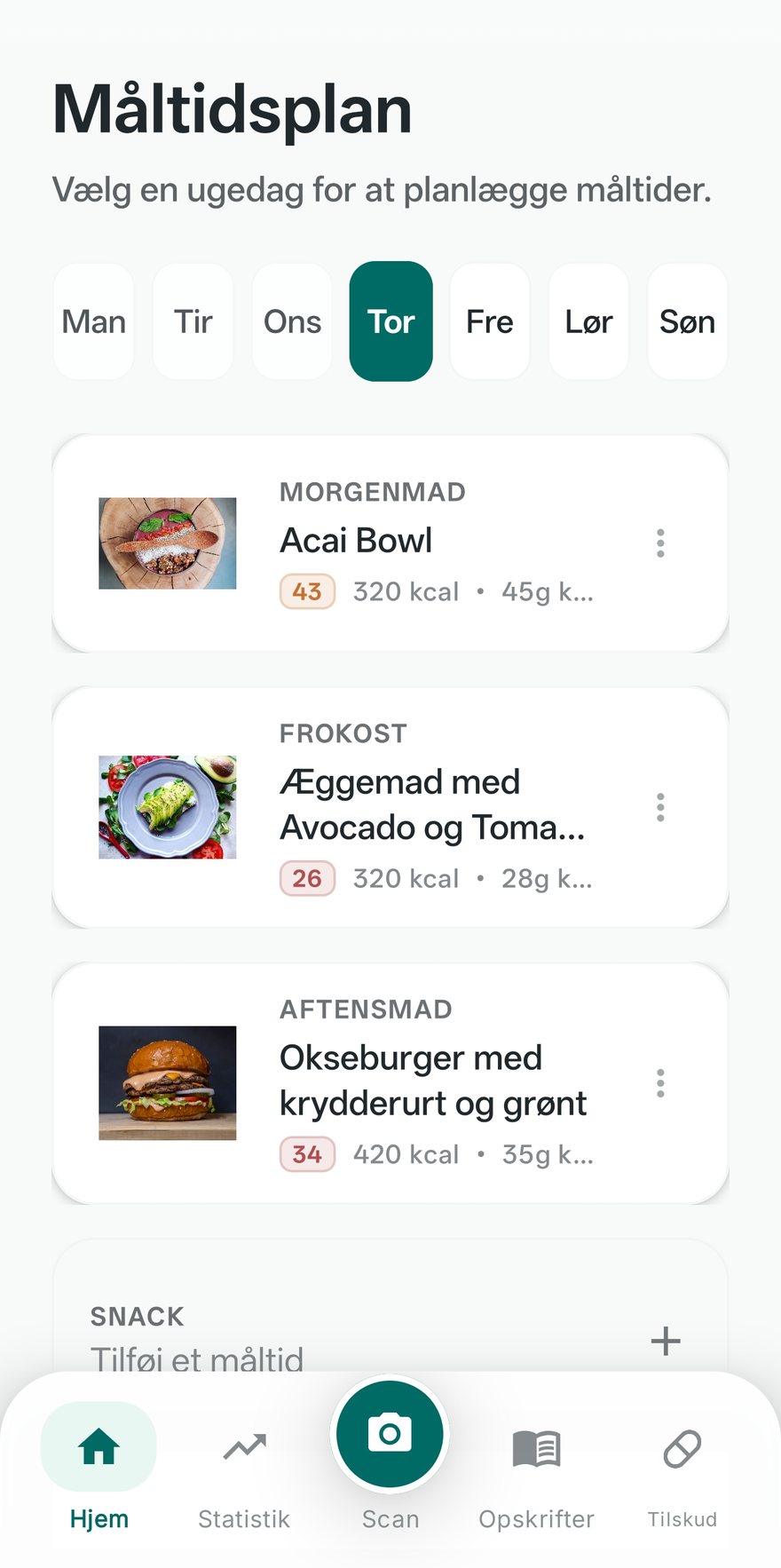 M&aring;ltidsplan-sk&aelig;rmen i Kairi med en ugedagsv&aelig;lger og morgenmad, frokost og aftensmad sat ind