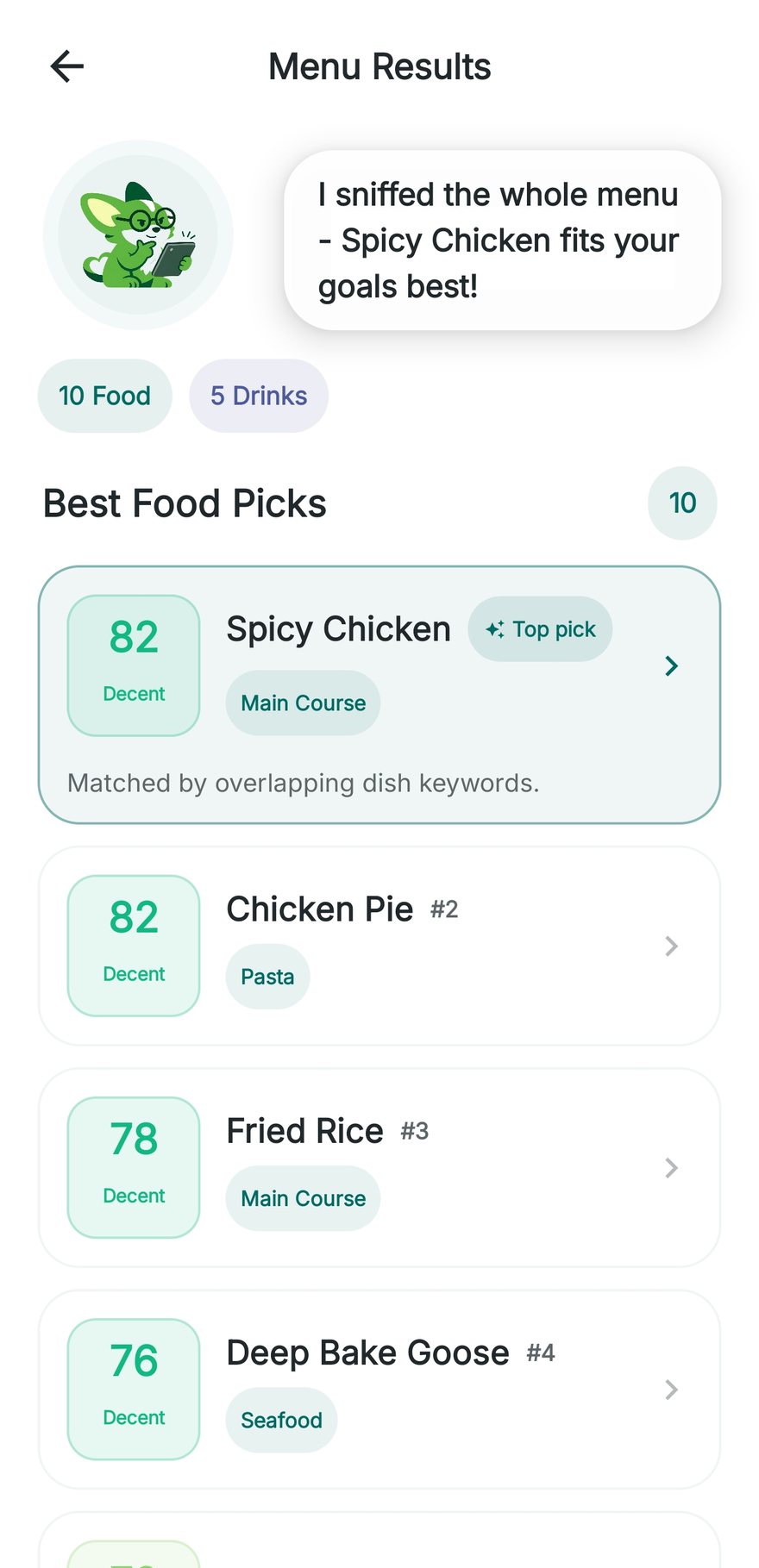The Kairi app ranking the dishes on a scanned restaurant menu, with a top pick called out