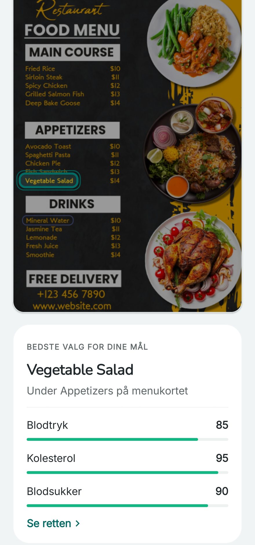 The Kairi app ranking the dishes on a scanned restaurant menu, with a top pick called out