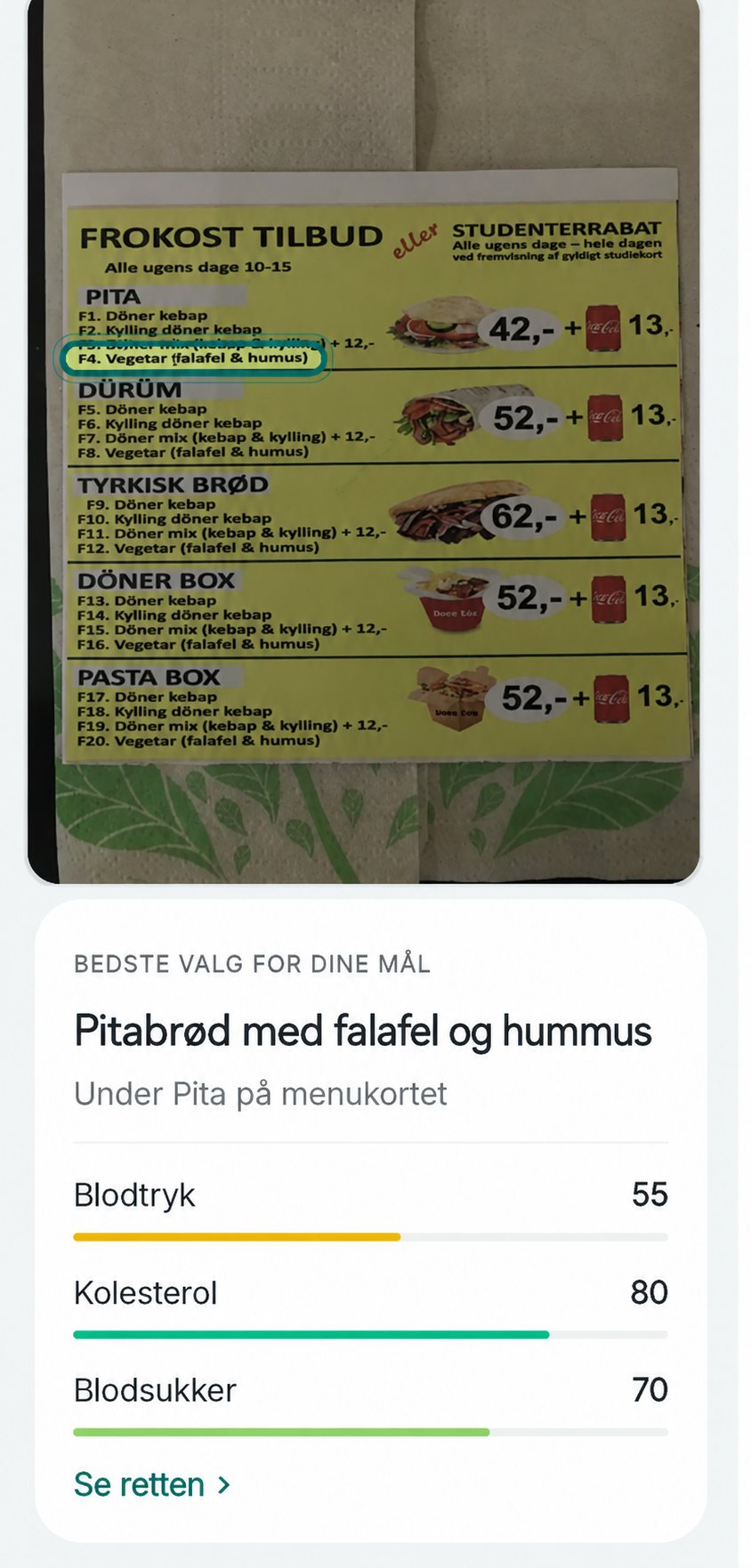Kairi-appen, der rangerer retterne p&aring; et scannet menukort, med det bedste valg fremh&aelig;vet