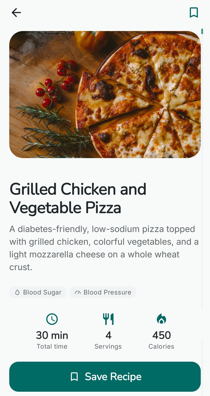 A generated grilled chicken and vegetable pizza recipe in Kairi, tagged for blood sugar and blood pressure, with its time, servings and calories