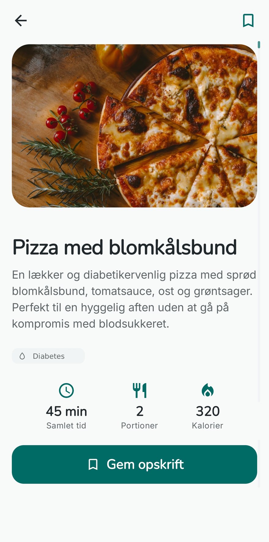 En genereret opskrift p&aring; pizza med blomk&aring;lsbund i Kairi, m&aelig;rket til diabetes, med tid, portioner og kalorier