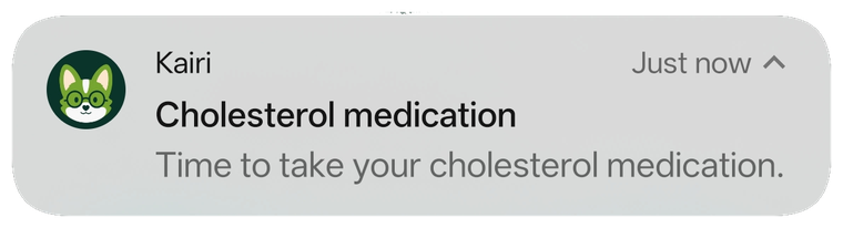 En notifikation fra Kairi om at det er tid til at tage sin kolesterolmedicin