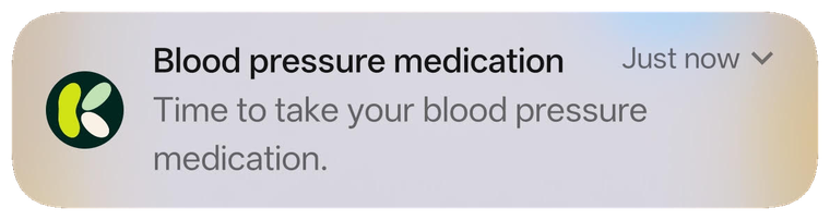 A Kairi notification reading &ldquo;Blood pressure medication &mdash; time to take your blood pressure medication&rdquo;