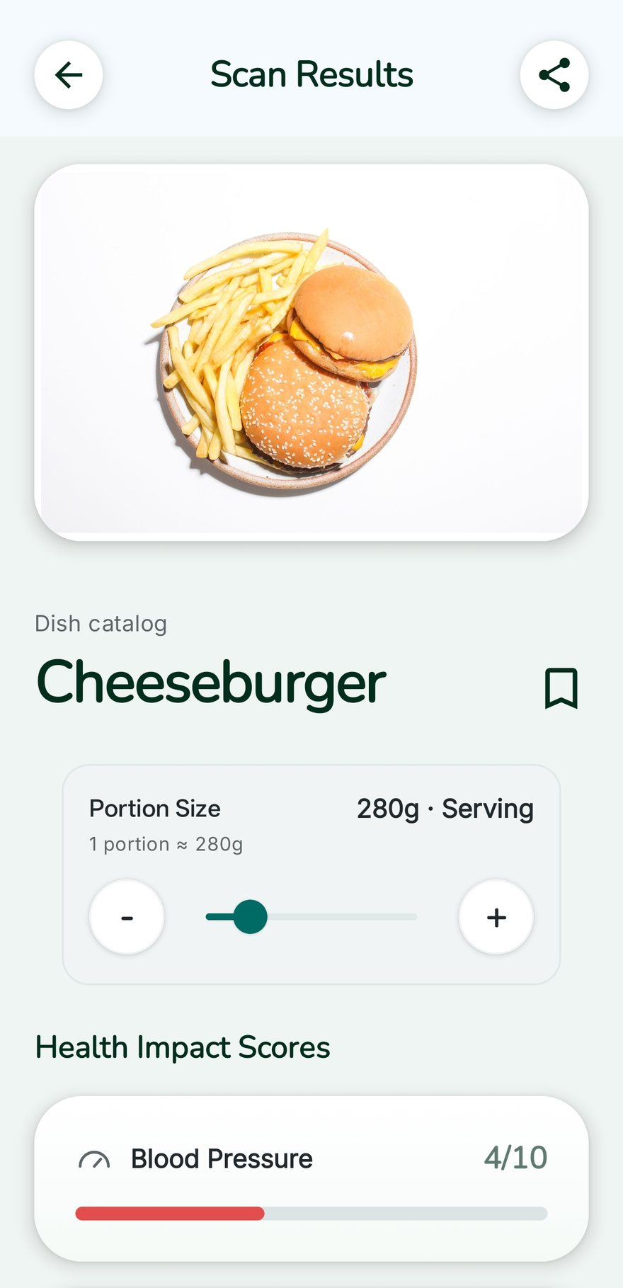 A dish scanned in Kairi, showing separate scores for blood pressure, cholesterol and blood sugar