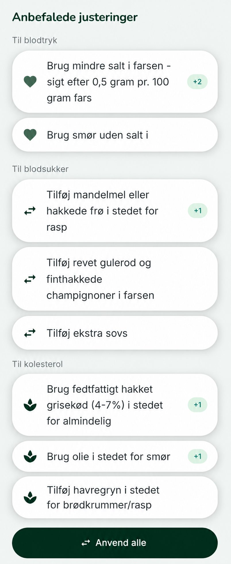 Anbefalede justeringer til frikadeller i Kairi, delt op efter blodtryk, blodsukker og kolesterol, hver med de point justeringen giver